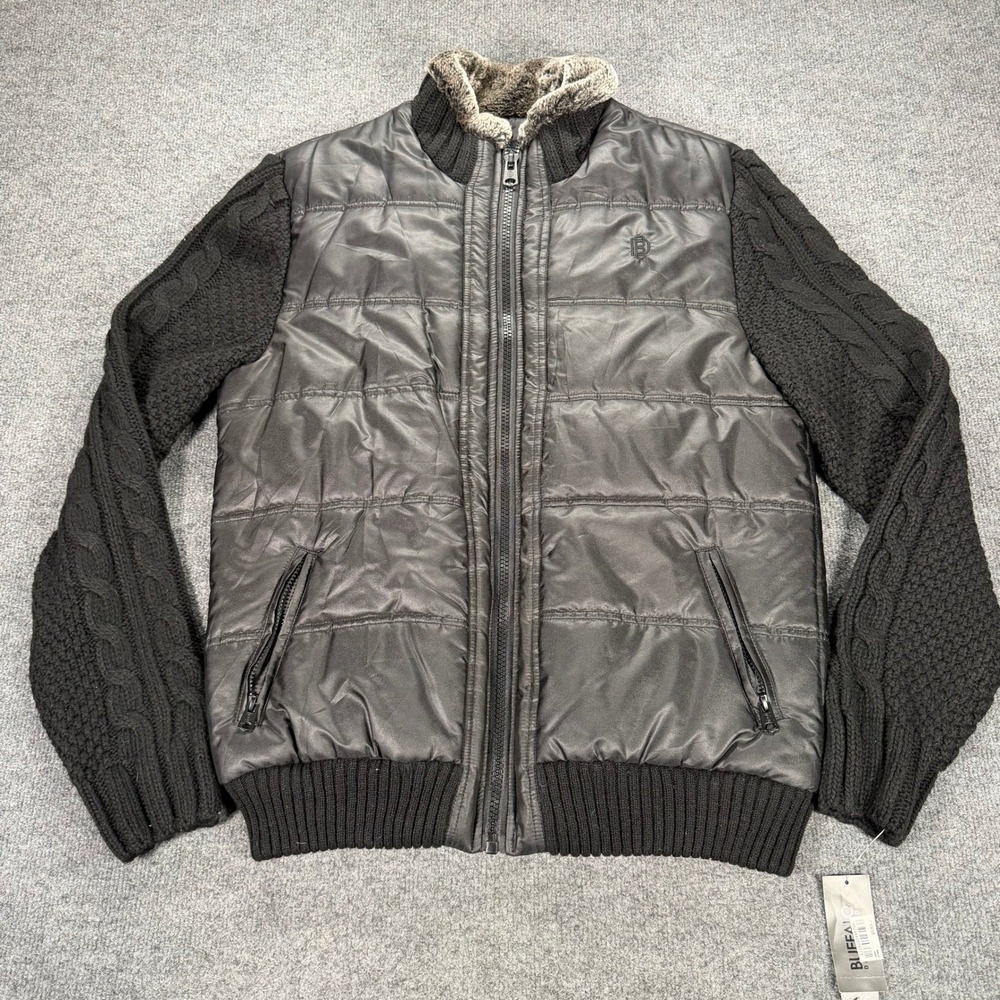 Buffalo David Bitton Mens Quilted Mixed Media Jacket Cable Knit Faux Fur Black L